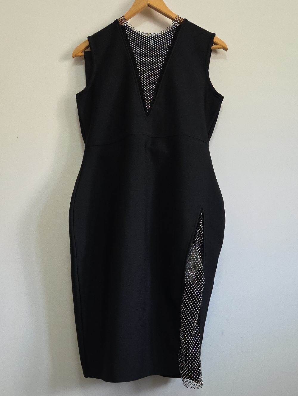 Black Sleeveless V-Neck Midi Dress with Mesh Insert